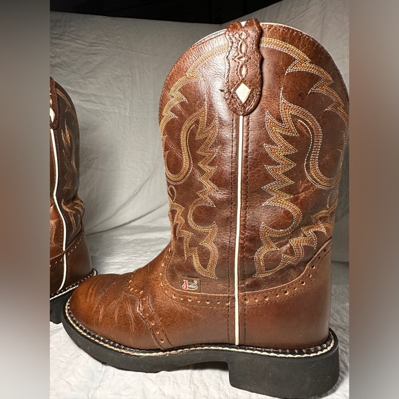 Justin Women’s L9909 Brown Leather Western Cowboy Boots Size 8B Stitch Detail - Picture 3 of 14